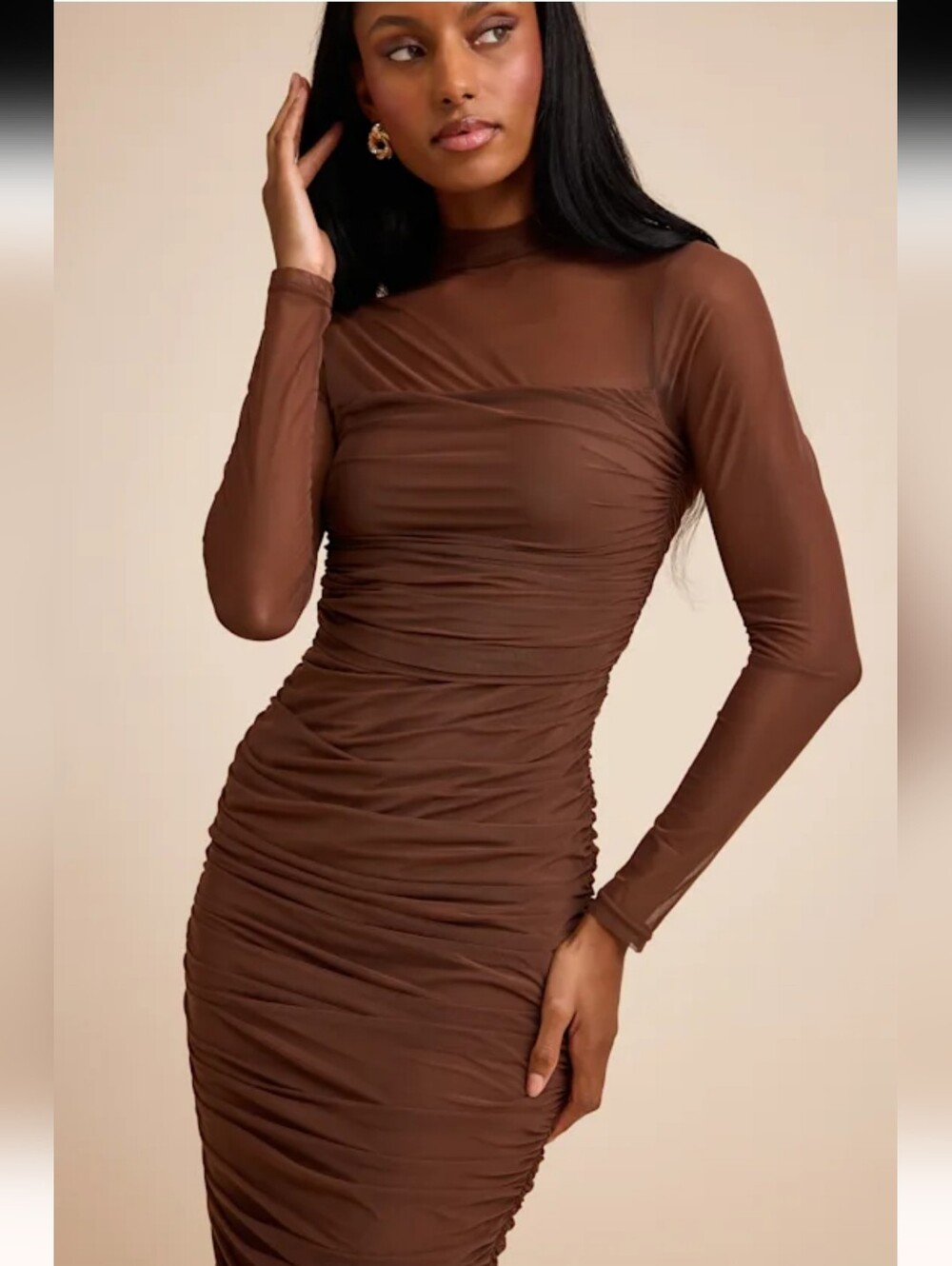 NWT Lulus Impressive Flirt Brown Mesh Ruched Mock Neck Midi Dress